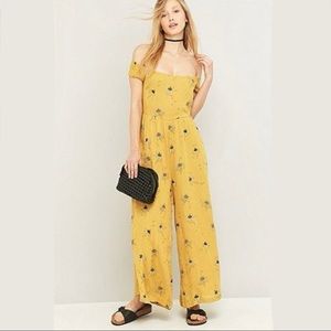 Free People Aster Mustard Yellow Wide-Leg Jumpsuit Smocked Floral Detail XS